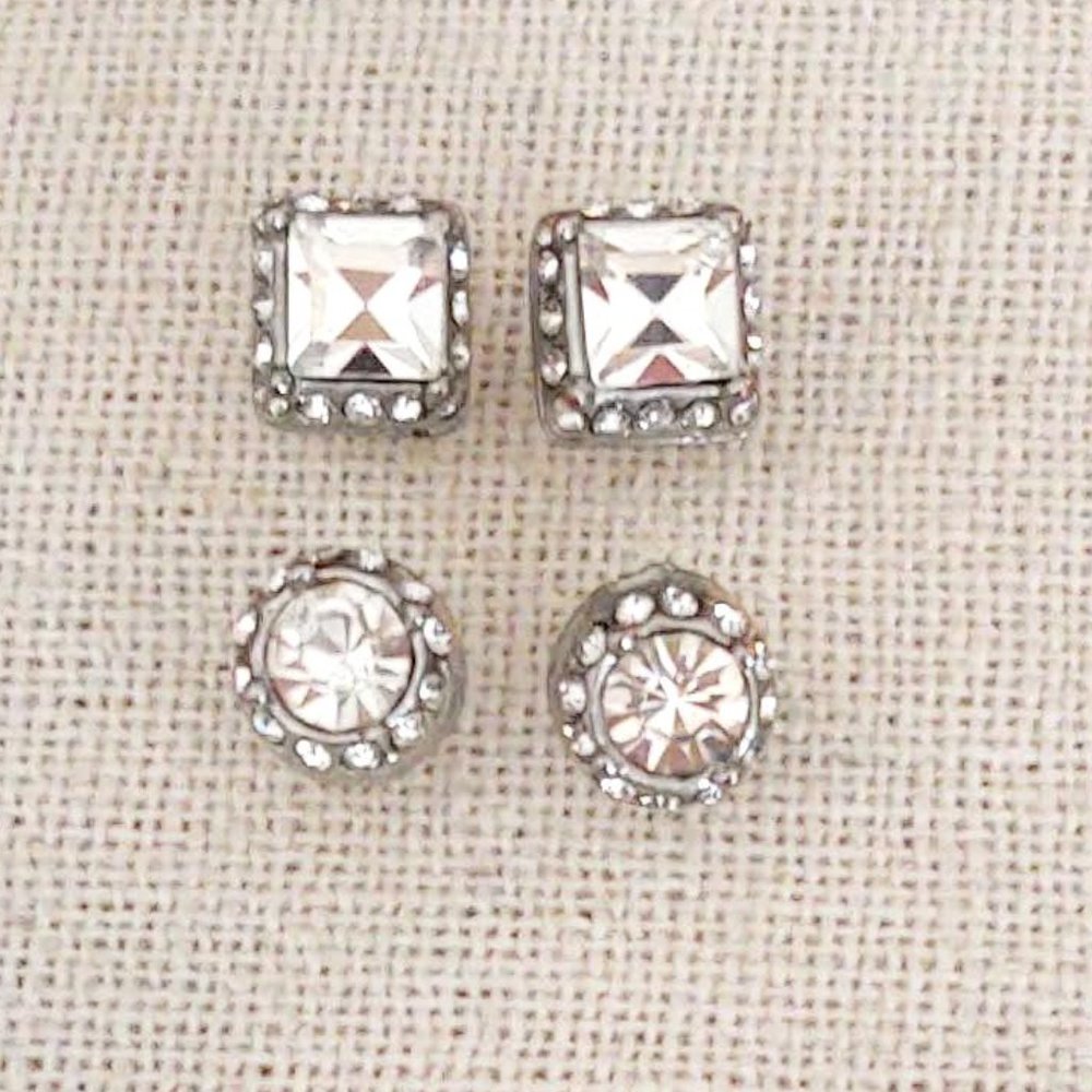 2 pairs of faux diamond earrings-square and round